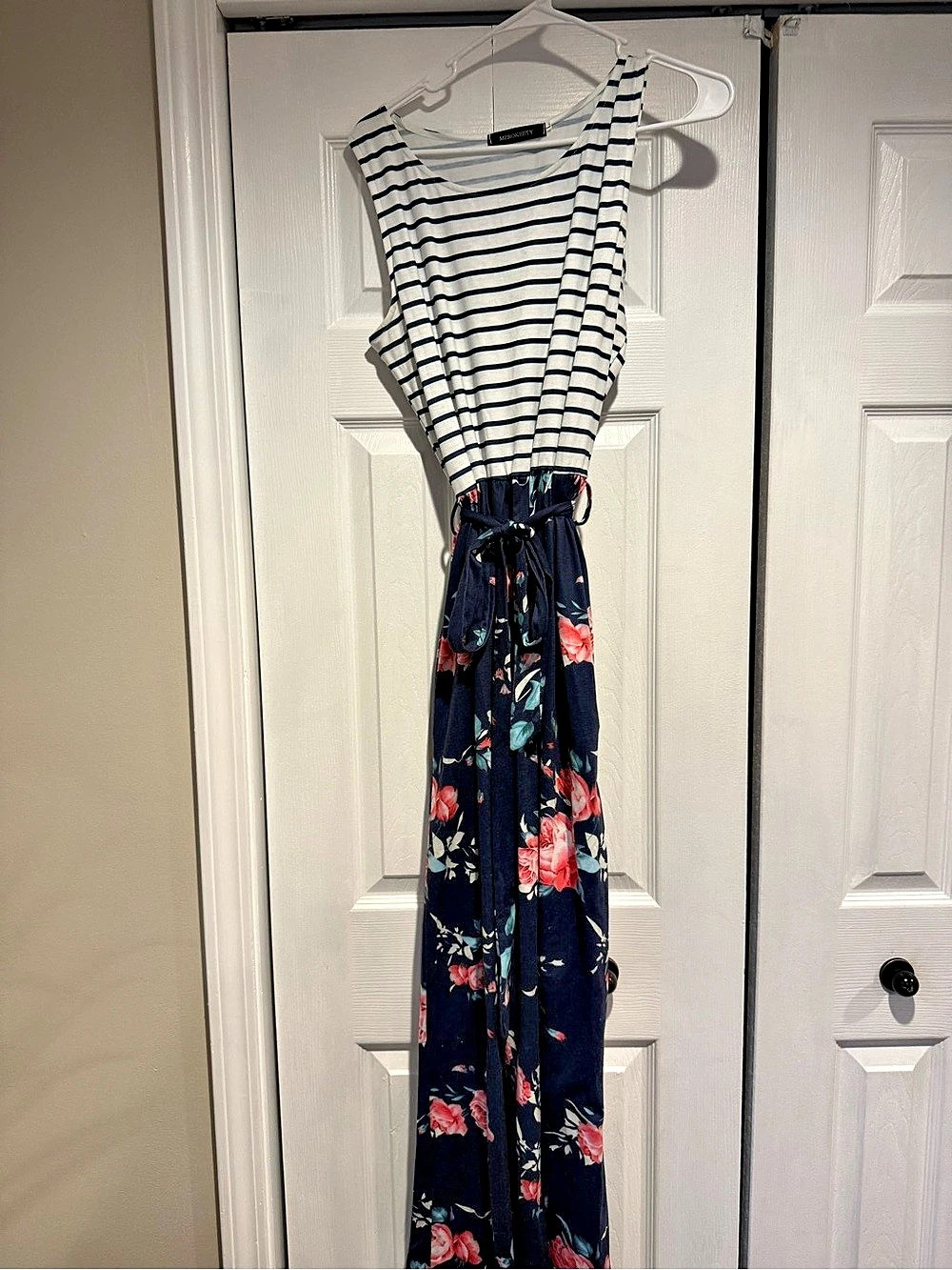 Merokeety Striped Floral Maxi Dress in Blue & White